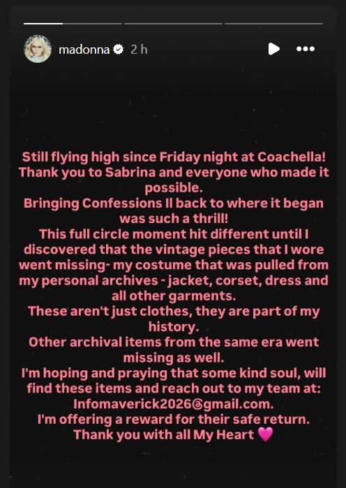 Madonna anuncia que perdio su vestuario en Coachella