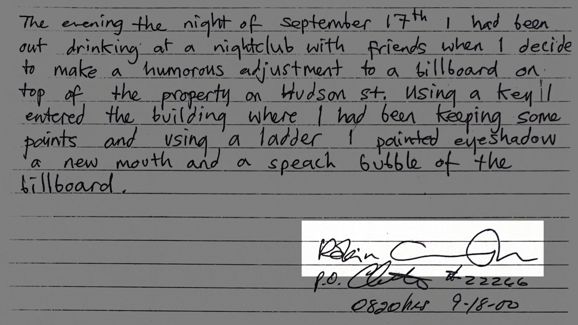 Firma de Banksy en una declaración en Nueva York