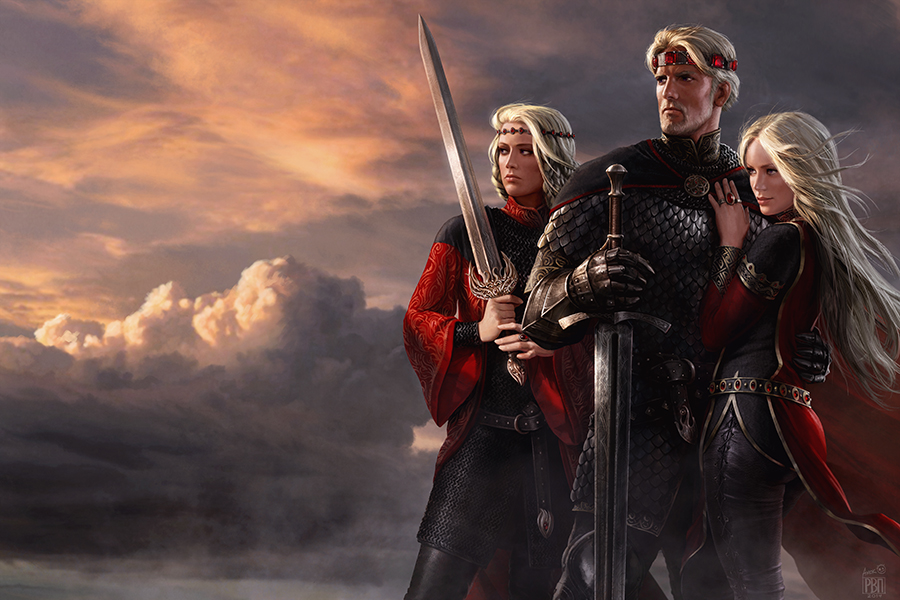 Aegon Targaryen junto a sus hermanas y esposas Visenya y Rhaenys durante la Conquista de Poniente.