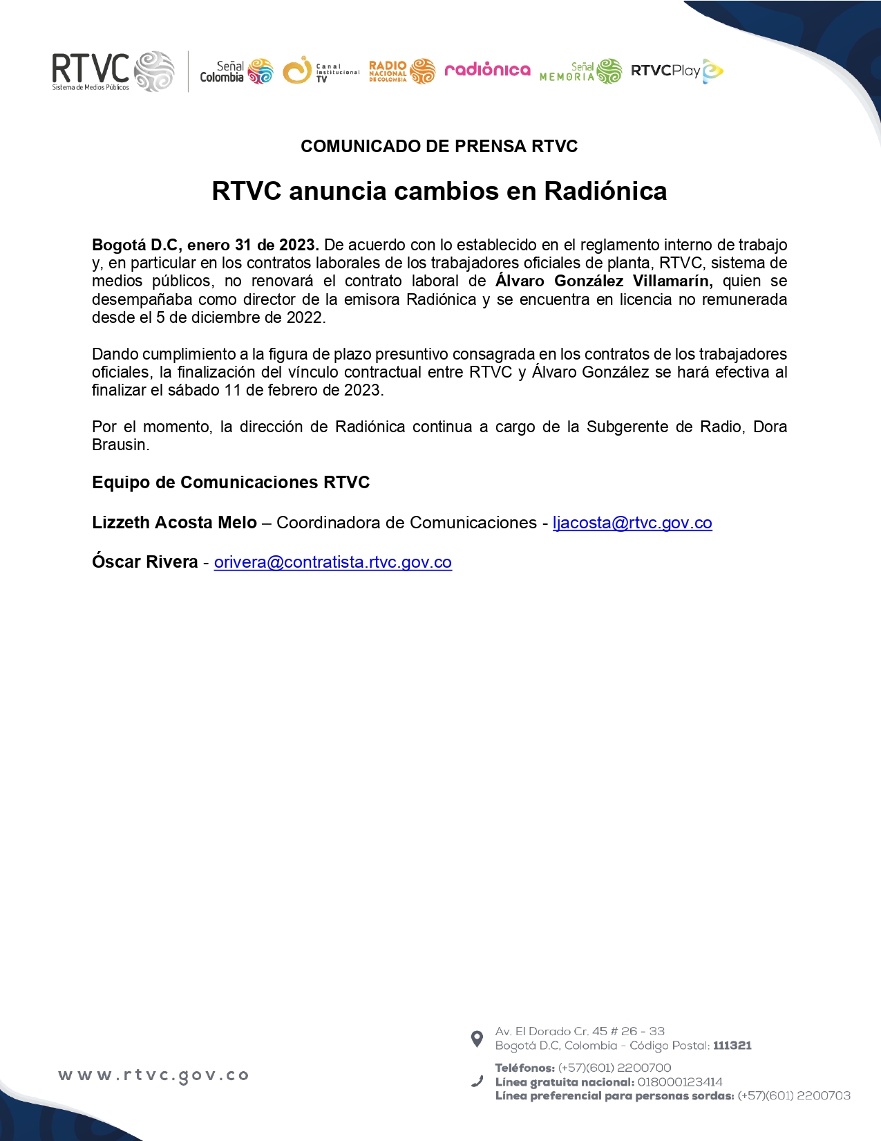 Comunicado RTVC