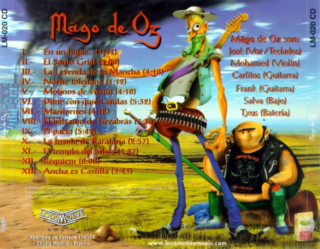 Contraportada del álbum La leyenda de la Mancha (1998) de Mägo de Oz, con Don Quijote junto a Sancho Panza en una representación creada por Gaboni.