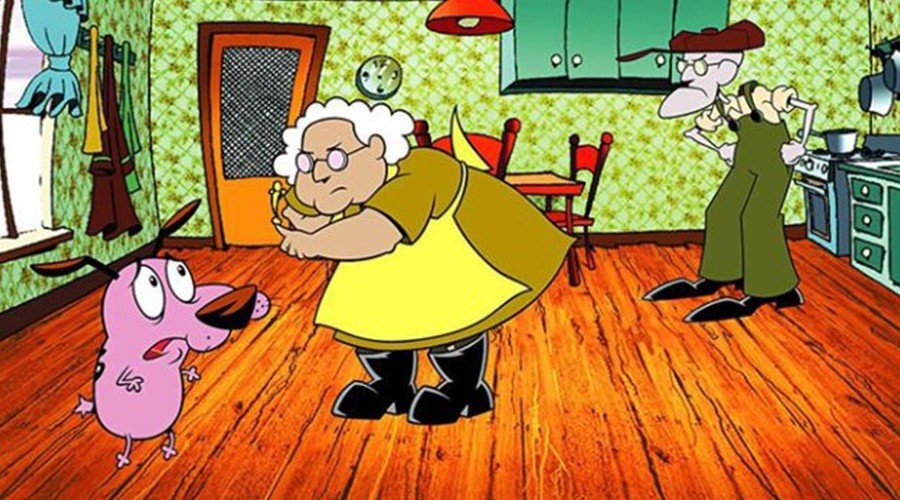 Coraje junto a Muriel y Justo, los protagonistas de la serie animada "Coraje, el perro cobarde".
