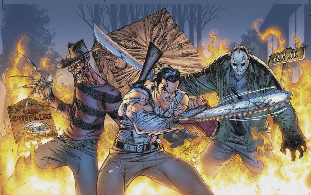 Freddy Krueger, Jason Voorhees y Ash Williams en el cómic Freddy vs. Jason vs. Ash.