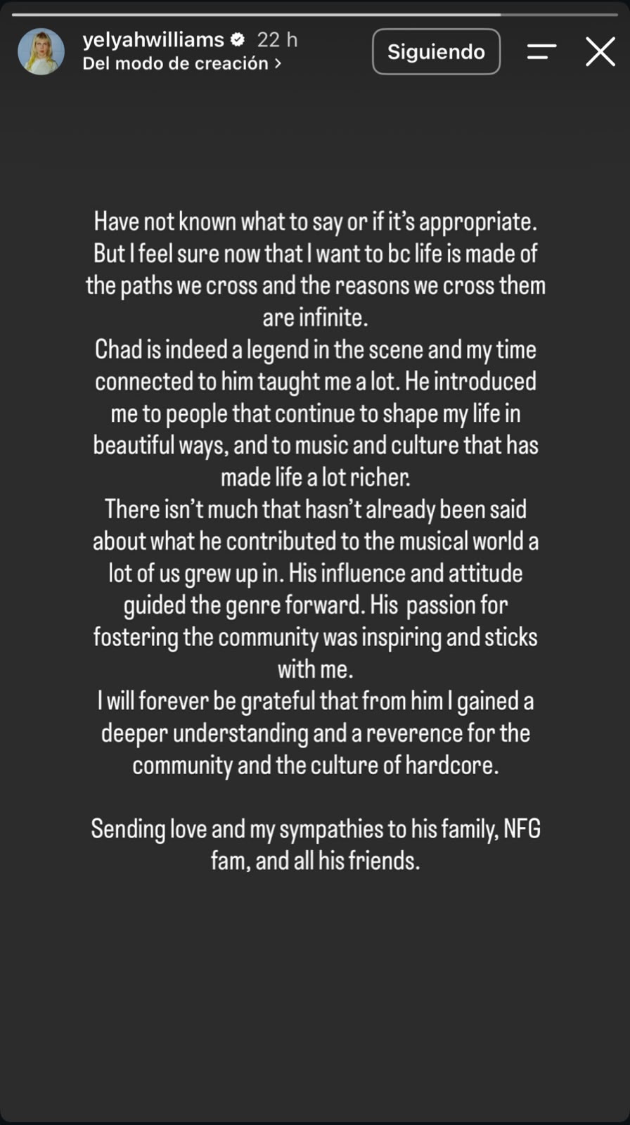 Historias publicadas por Hayley Williams en redes sociales tras la muerte de Chad Gilbert, vocalista y guitarrista de New Found Glory.