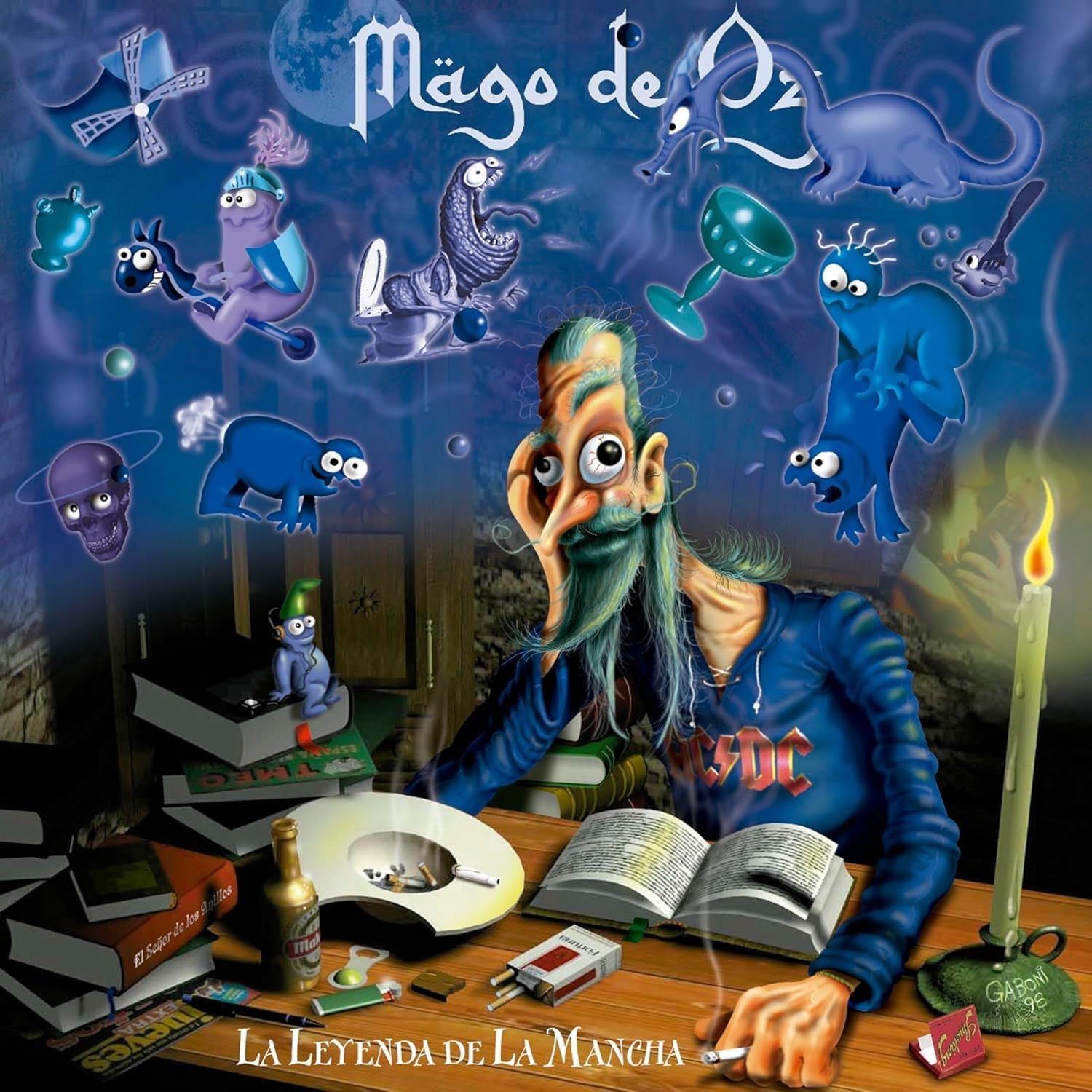 Portada del álbum La leyenda de la Mancha (1998) de Mägo de Oz, con una representación rockera de Don Quijote creada por el ilustrador Gaboni.