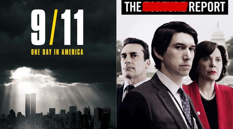 Afiches de 9/11 Un día en América y The Report, películas y series recomendadas sobre los atentados del 11 de septiembre de 2001.