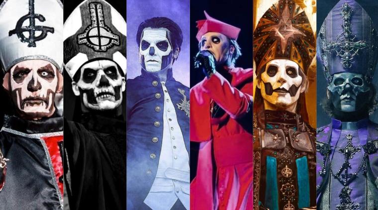 Imagen de los diferentes Papas de Ghost que han liderado las eras de la banda: Papa Emeritus I, II, III, Cardinal Copia, Papa Emeritus IV y Papa V Perpetua.
