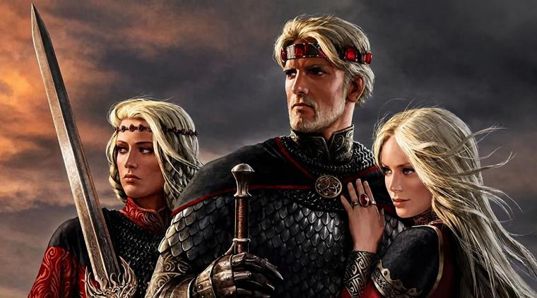 Aegon Targaryen junto a sus hermanas y esposas Visenya y Rhaenys durante la Conquista de Poniente.