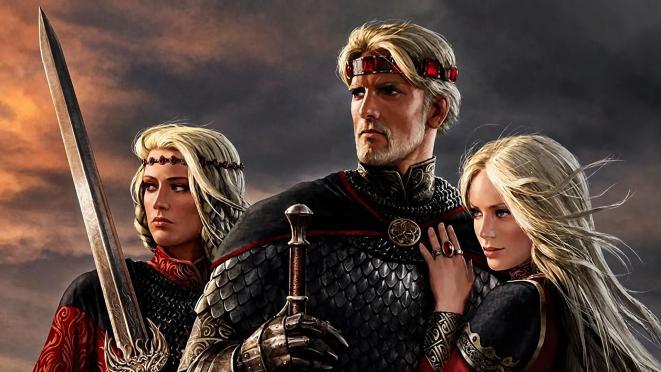 Aegon Targaryen junto a sus hermanas y esposas Visenya y Rhaenys durante la Conquista de Poniente.
