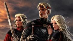 Aegon Targaryen junto a sus hermanas y esposas Visenya y Rhaenys durante la Conquista de Poniente.